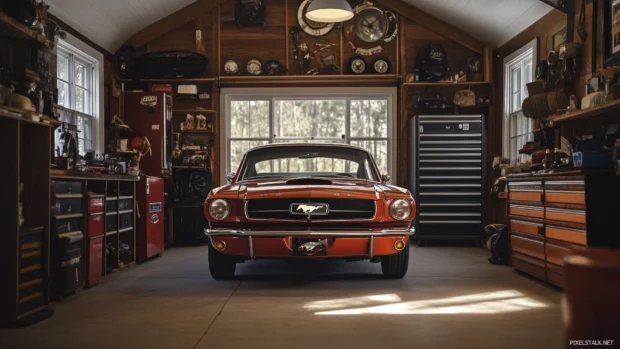 A vintage 1960s Mustang parked in a vintage garage, bathed in warm ambient light with chrome details gleaming and a retro aesthetic surrounding it.