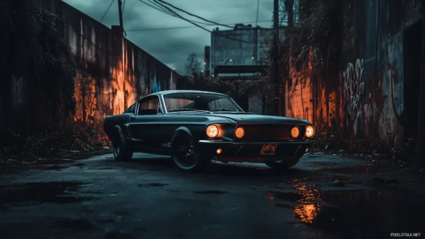 A vintage Ford Mustang Fastback in matte black, captured from a low angle in a deserted industrial area with moody lighting.