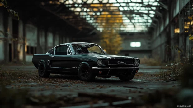 A vintage Ford Mustang Fastback in matte black, captured from a low angle in a deserted industrial area with moody lighting.