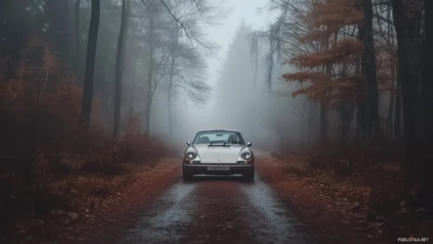 A vintage Porsche 911 driving through a misty forest, with the photo framed in a nostalgic Polaroid style and a slight sepia tint.