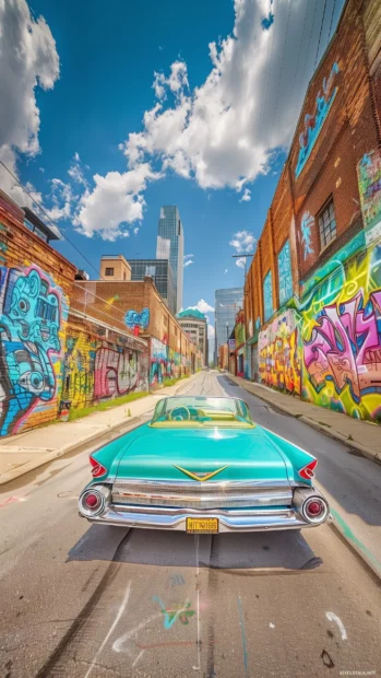 A vintage car cruising down a cool urban street lined with graffiti art.