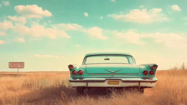 A vintage car driving through a lush countryside.