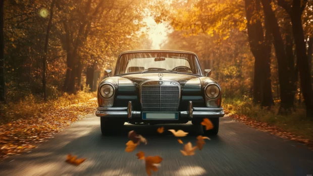 A vintage car in mint condition cruising down a scenic countryside road with autumn leaves falling.