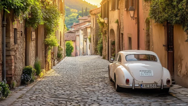 A vintage car resting on a cobblestone street in a quaint village.