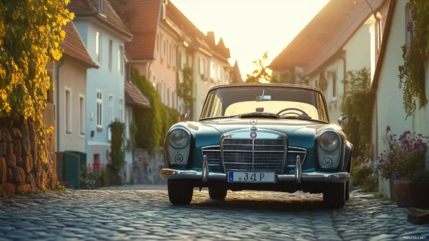 A vintage car resting on a cobblestone street in a quaint village, bathed in soft golden hour light with a picturesque pastel background.