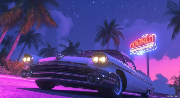 A vintage convertible car on a scenic coastal road, surrounded by palm trees and an old school motel with a neon sign, under a starry sky.