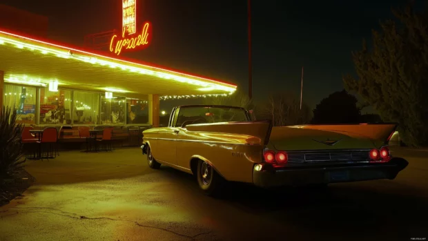 A vintage convertible parked by a neon lit diner at night, captured with a Polaroid frame.