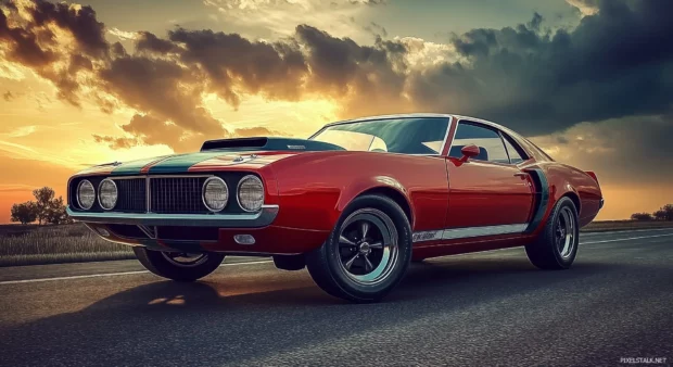 A vintage muscle car parked on a desert highway.