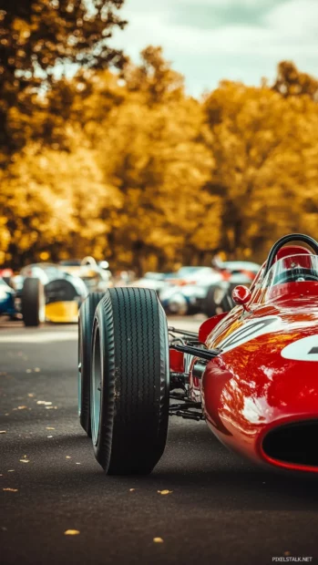 A vintage race car on display at a vintage car show, with other vintage vehicles in the background.