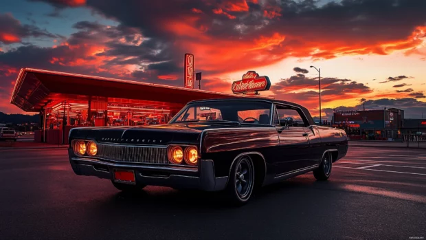 A vintage retro car parked on a vintage diners parking lot with neon lights glowing in the background, a warm sunset sky casting a nostalgic glow.