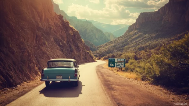 A vintage station wagon driving through a scenic mountain pass with retro style billboards along the way and a nostalgic sunset.