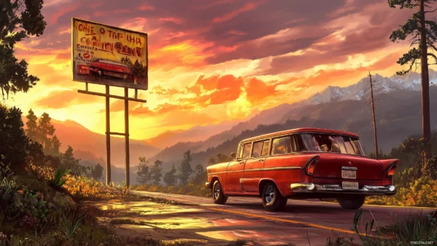 A vintage station wagon driving through a scenic mountain pass with retro style billboards along the way and a nostalgic sunset.