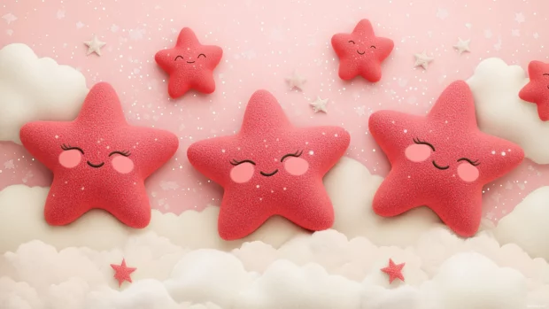 A whimsical design showcasing red stars with playful expressions scattered across a pastel pink sky, surrounded by fluffy clouds and gentle light.