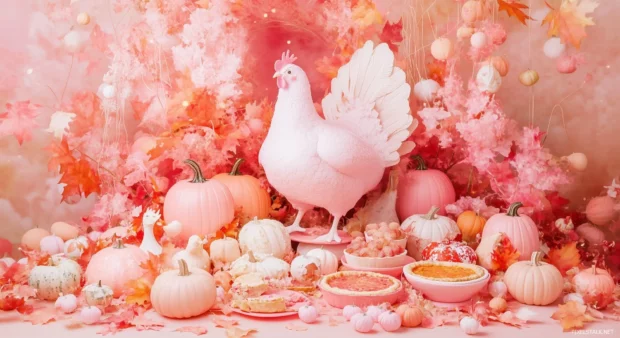 A whimsical pink Thanksgiving feast with a turkey, pies, and autumn leaves, all surrounded by pastel pumpkins and cute decorations.