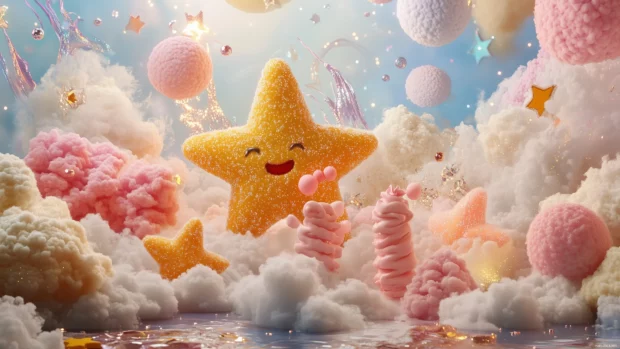 A whimsical scene of cute stars dancing among fluffy clouds, surrounded by sparkles and colorful shooting stars.