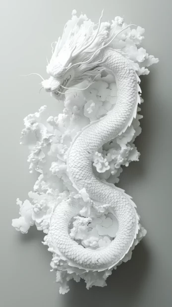 A white Chinese dragon floating majestically over a pale gray background, its form subtly detailed with shadow, exuding a quiet power in simplicity1.