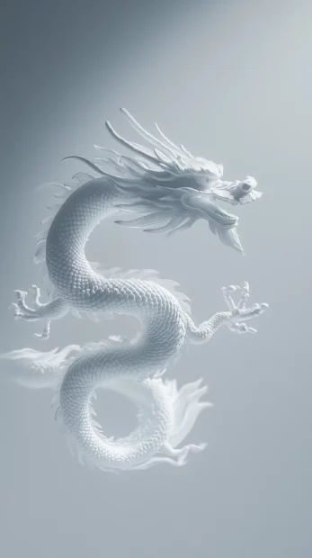 A white Chinese dragon floating majestically over a pale gray background, its form subtly detailed with shadow, exuding a quiet power in simplicity2.