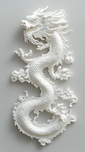 A white Chinese dragon floating majestically over a pale gray background, its form subtly detailed with shadow, exuding a quiet power in simplicity4.