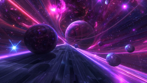 Abstract cool 3D spheres floating in a cosmic void with glowing trails.