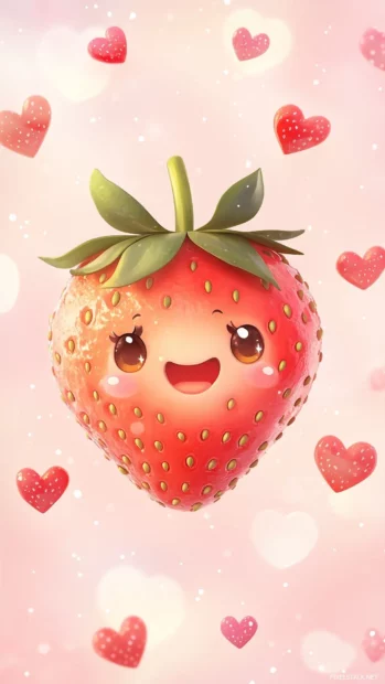 Adorable kawaii strawberry with a cute smiling face, blushing cheeks, and big sparkling eyes surrounded by floating pastel hearts and tiny strawberries, soft pastel pink background.