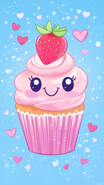 Adorable kawaii style strawberry cupcake with a cute smiling face and strawberry on top, surrounded by small hearts and soft sparkles on a pastel sky blue background.