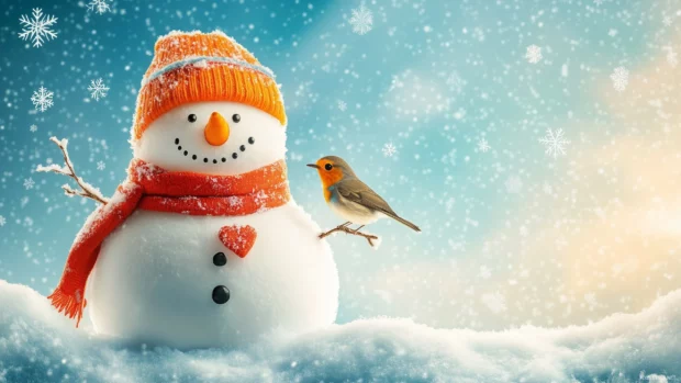 Adorable snowman with a bright scarf and hat, surrounded by snowflakes and a cute little bird perched on its arm.