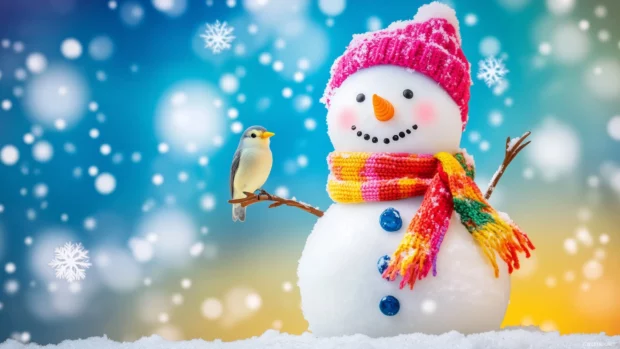 Adorable snowman with a bright scarf and hat, surrounded by snowflakes and a cute little bird perched on its arm.