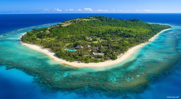 Aerial view of a tropical island surrounded by crystal clear turquoise water.