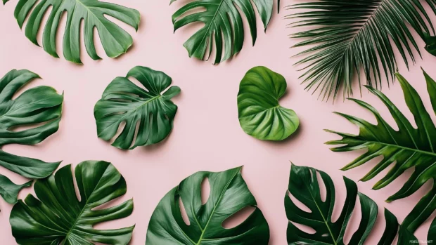 Aesthetic Tropical Wallpaper with a a seamless pattern of banana leaves, monstera, and palm fronds in lush green tones, scattered elegantly on a soft pastel pink background.