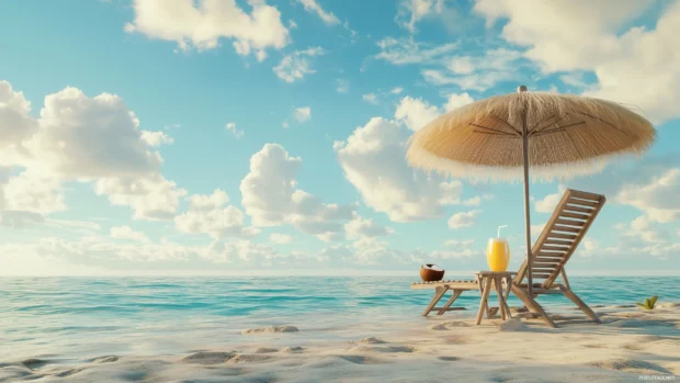 Aesthetic Tropical Wallpaper with a cozy beach scene with a wooden lounge chair and a straw umbrella, overlooking the turquoise ocean, bright blue sky with soft white clouds.