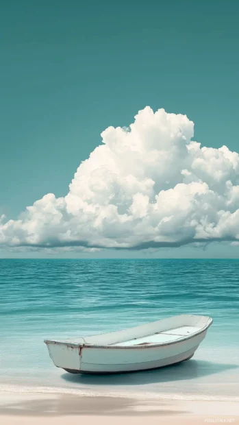 Aesthetic Tropical island beach with soft pastel clouds, turquoise water, and smooth white sand, a small boat floating on the water, gentle and aesthetic coastal escape.