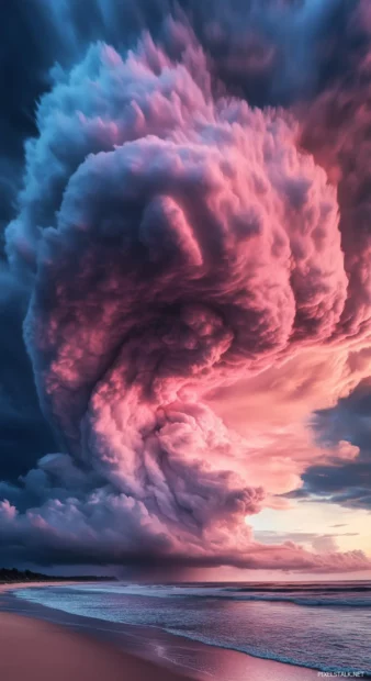 Aesthetic pink clouds swirling in a dramatic sky over an ocean horizon, with the last rays of the sun fading into night.