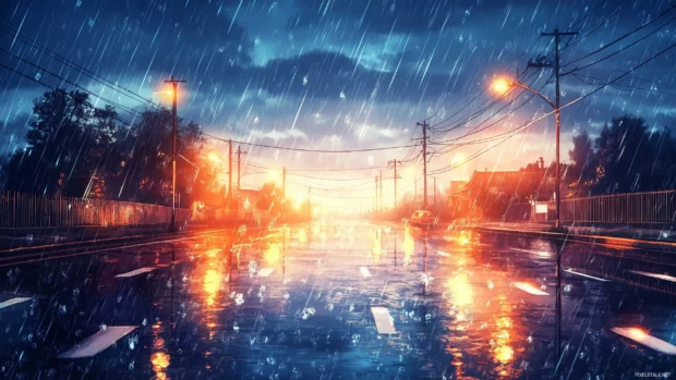 Aesthetic rain HD wallpaper with an empty anime street scene during heavy rain with glowing streetlights casting a warm orange glow, puddles reflecting light from above.