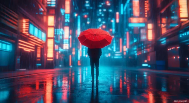 Aesthetic rain desktop wallpaper with a lonely anime character standing under a red umbrella on a rainy street at night.