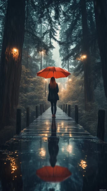 Aesthetic rain iPhone wallpaper with a girl standing in the rain under a red umbrella on a bridge overlooking a misty forest.