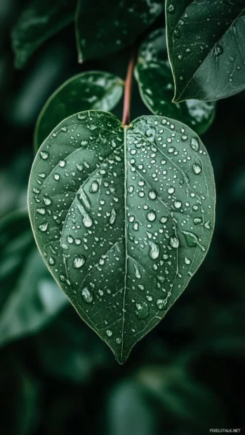 Aesthetic rain wallpaper with Close up of raindrops on a vibrant green leaf, crystal clear water droplets reflecting light, natural beauty.