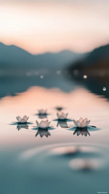 Aesthetic rain wallpaper with Gentle rain falling on a still lake at dawn, soft ripples spreading from each drop.