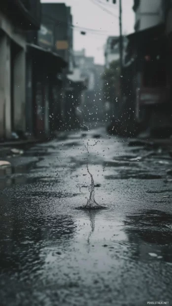 Aesthetic rain wallpaper with Rain hitting a puddle on an empty street.