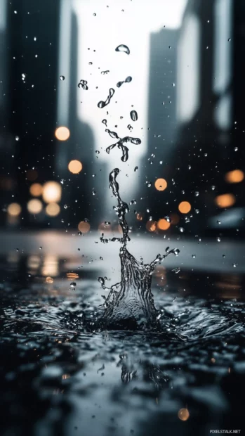 Aesthetic rain wallpaper with Rain hitting a puddle on an empty street, close up shot capturing the splash of water droplets mid air.