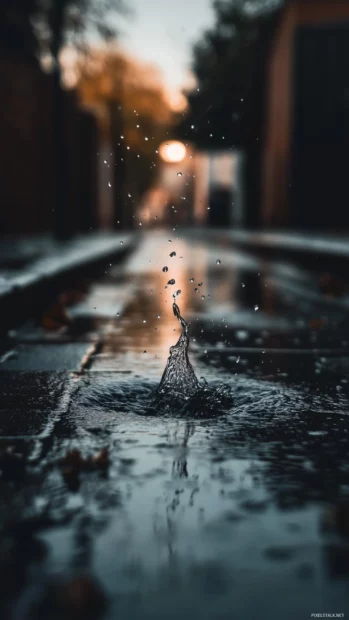 Aesthetic rain wallpaper with Rain hitting a puddle on an empty street, close up shot capturing the splash of water droplets mid air, gray and muted tones.