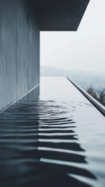 Aesthetic rain wallpaper with Rainy day on a minimalist balcony, water pooling on a sleek modern concrete surface.