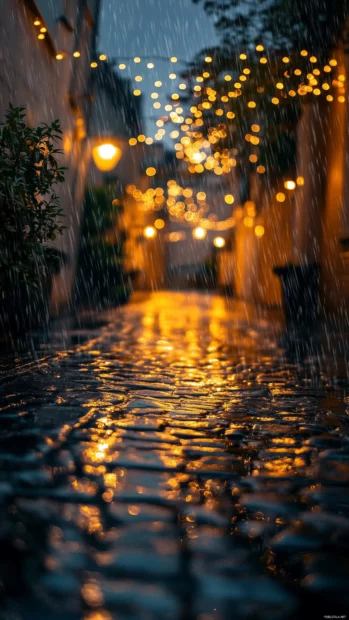 Aesthetic rain wallpaper with Soft rain on a cobblestone street at night.