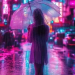 Aesthetic rain wallpaper with a girl holding a transparent umbrella in the rain on a quiet city street at night, neon lights reflecting on the wet pavement, soft glow illuminating her silhouette.