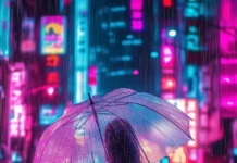 Aesthetic rain wallpaper with a girl holding a transparent umbrella in the rain on a quiet city street at night, neon lights reflecting on the wet pavement, soft glow illuminating her silhouette.