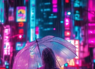 Aesthetic rain wallpaper with a girl holding a transparent umbrella in the rain on a quiet city street at night, neon lights reflecting on the wet pavement, soft glow illuminating her silhouette.