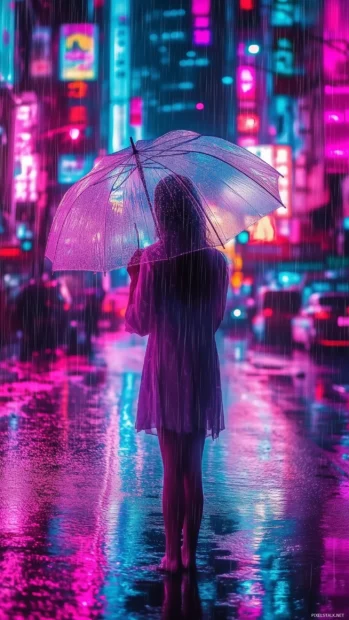 Aesthetic rain wallpaper with a girl holding a transparent umbrella in the rain on a quiet city street at night, neon lights reflecting on the wet pavement, soft glow illuminating her silhouette.