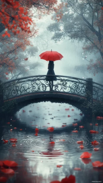 Aesthetic rain wallpaper with a girl standing in the rain under a red umbrella on a bridge overlooking a misty forest.