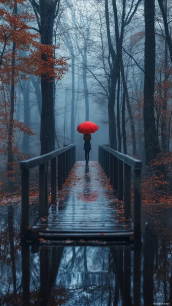 Aesthetic rain wallpaper with a girl standing in the rain under a red umbrella on a bridge overlooking a misty forest, soft raindrops creating ripples in the water below.