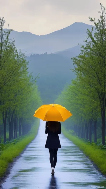 Aesthetic rain wallpaper with a girl walking alone in the rain with a yellow umbrella on a scenic countryside road.