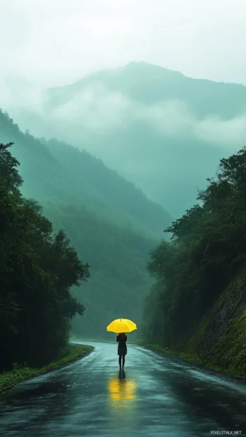 Aesthetic rain wallpaper with a girl walking alone in the rain with a yellow umbrella on a scenic countryside road, misty mountains in the distance, lush greenery surrounding the path.